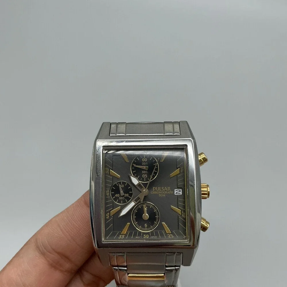 Pulsar YM92-X082 Mens Watch 34mm Chronograph Two Tone Bracelet New Battery 8.25
